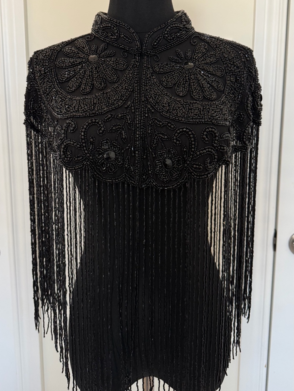 Handmade Black Beaded Fringe Capelet Art Deco Evening Wrap | One Size